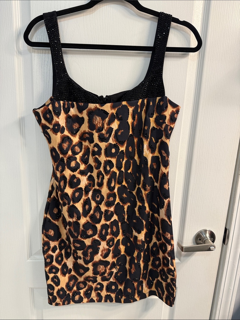 Leopard Print Mini Dress with Black Sparkle Straps